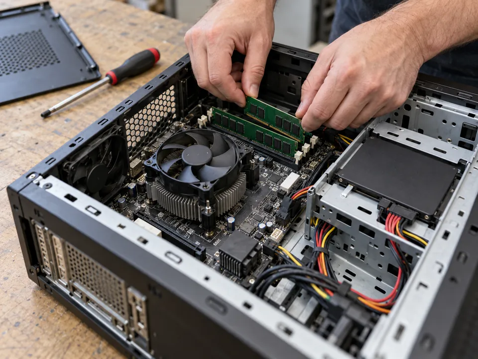 Установка памяти и SSD в открытый системный блок